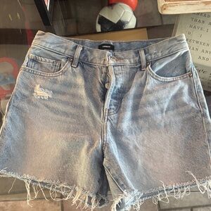 Express Light Blue High-Rise Distressed Denim Shorts